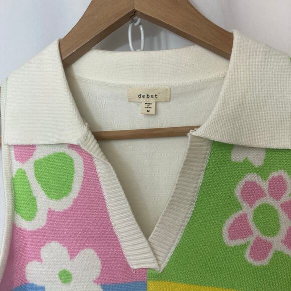 debut Retro Colorful Flowers Floral Knit Crop V-Neck Collar Sweater Vest Top - Picture 2 of 8